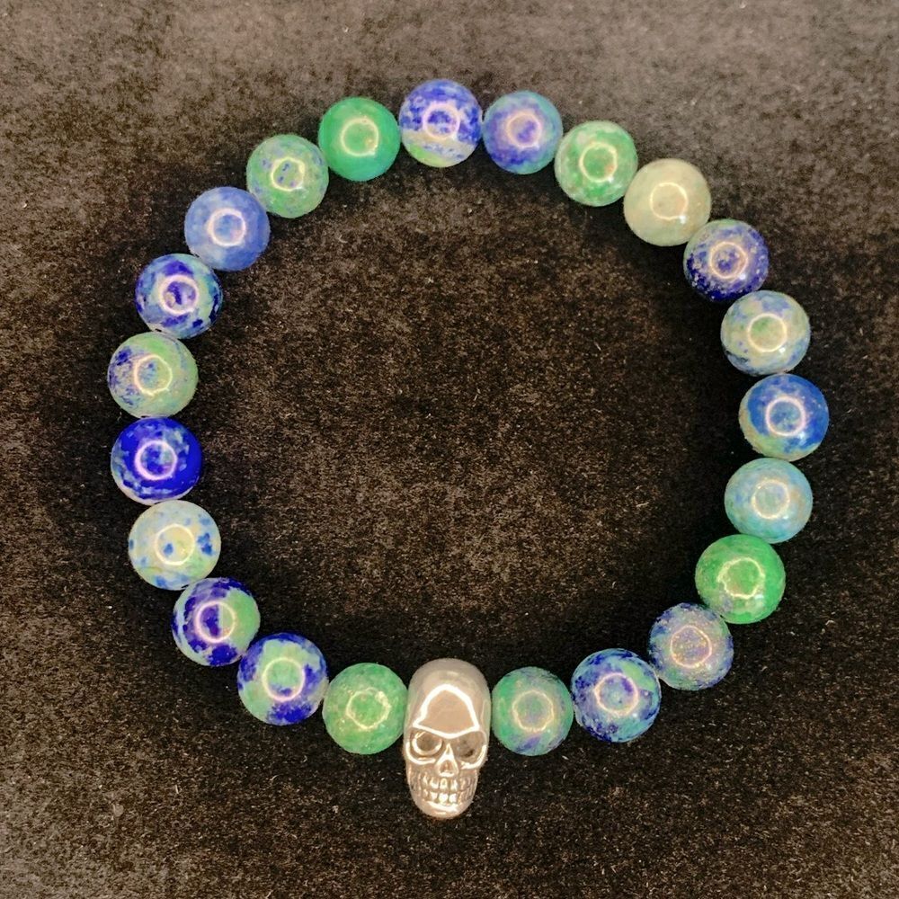 Beautiful Chrysocolla Beaded Bracelet with Silver Tone Metal Skull Bead